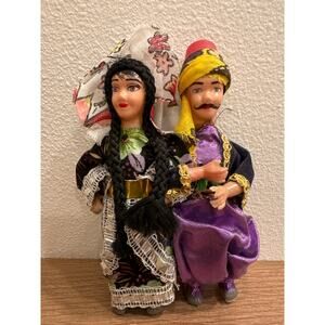 Pair of Vintage Turkish Couple Plastic Face Hands Dolls Collectible 6” tall